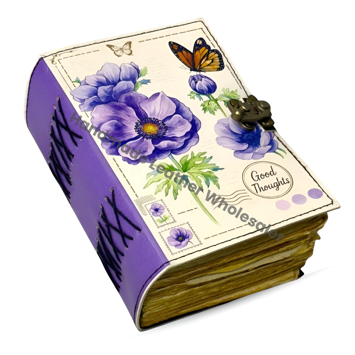 Floral Leather Journal with Lock – Botanical Vintage Diary, Deckle Edge Paper, Witchcraft Spellbook, Wiccan Pagan Gothic Gift, DnD