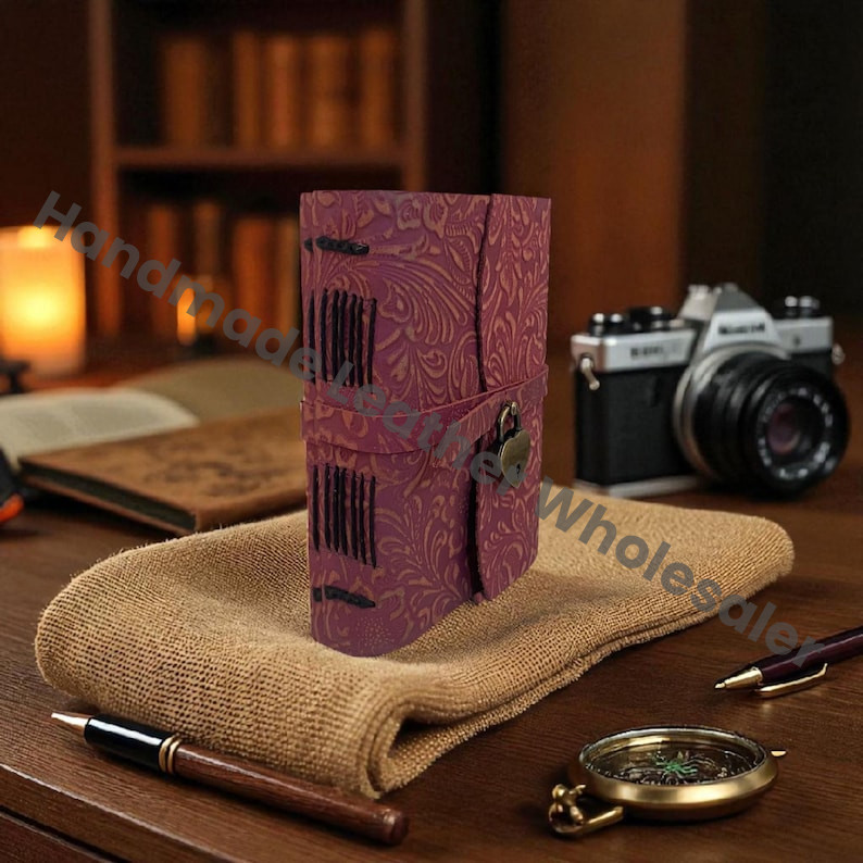 Flower Embossed Leather Journal with Heart Lock – Handmade Deckle Paper Diary