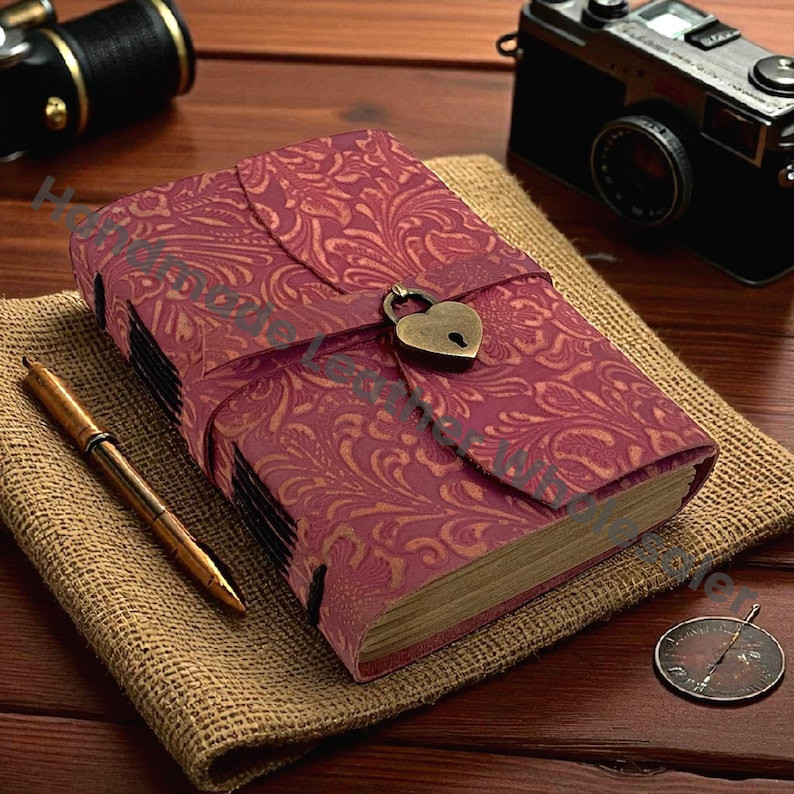 Flower Embossed Leather Journal with Heart Lock – Handmade Deckle Paper Diary