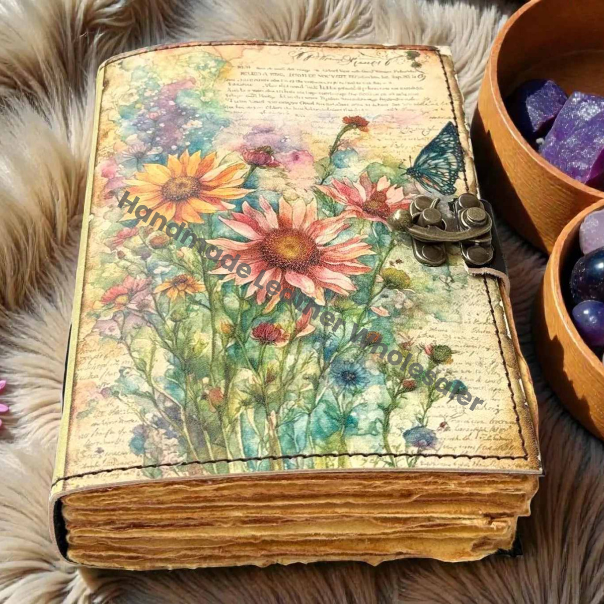 Flower Leather journal Vintage Sun Forest Grimoir Handmade Book of Shadows, Spell book Wiccan Pagan Gothic Magic Diary