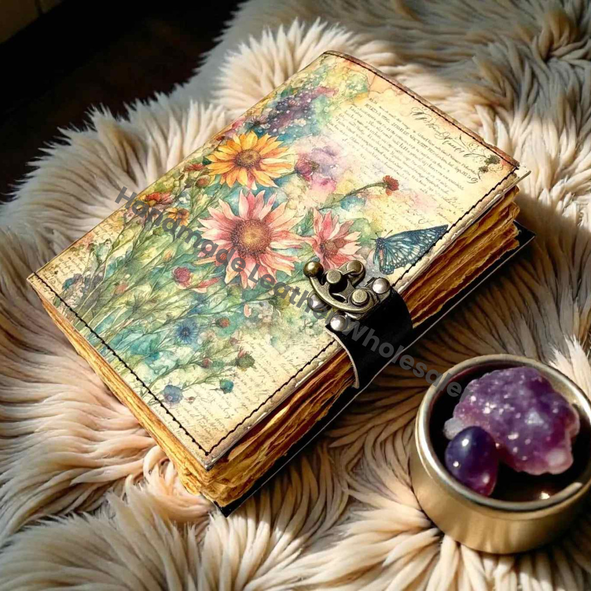 Flower Leather journal Vintage Sun Forest Grimoir Handmade Book of Shadows, Spell book Wiccan Pagan Gothic Magic Diary