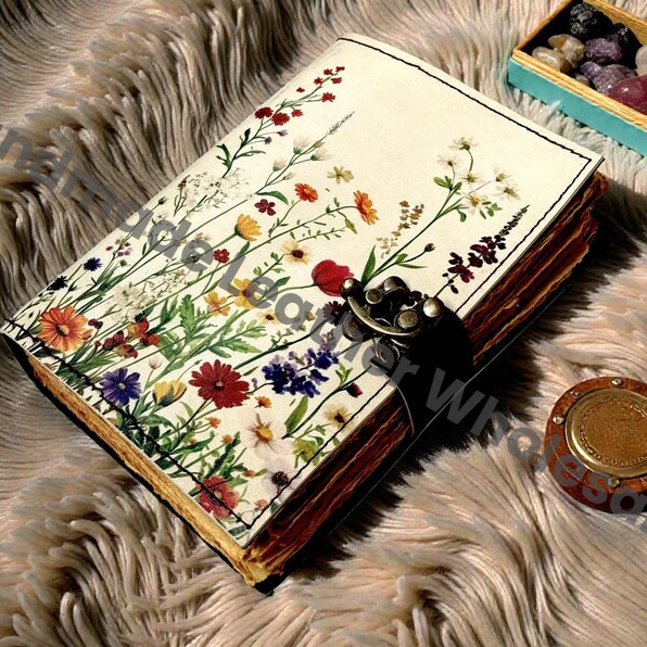 Flower Leather journal Vintage Sun Forest Grimoire Handmade Book of Shadows, Spell book Wiccan Pagan Gothic Magic Diary Gifts |