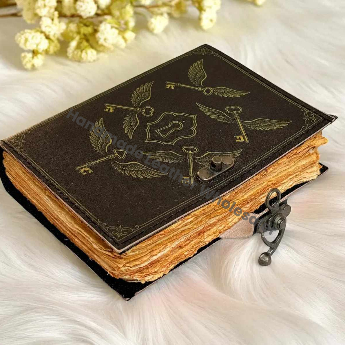 Flying Key Leather Journal, Golden Snitch Notebook, Deckle Edge Paper