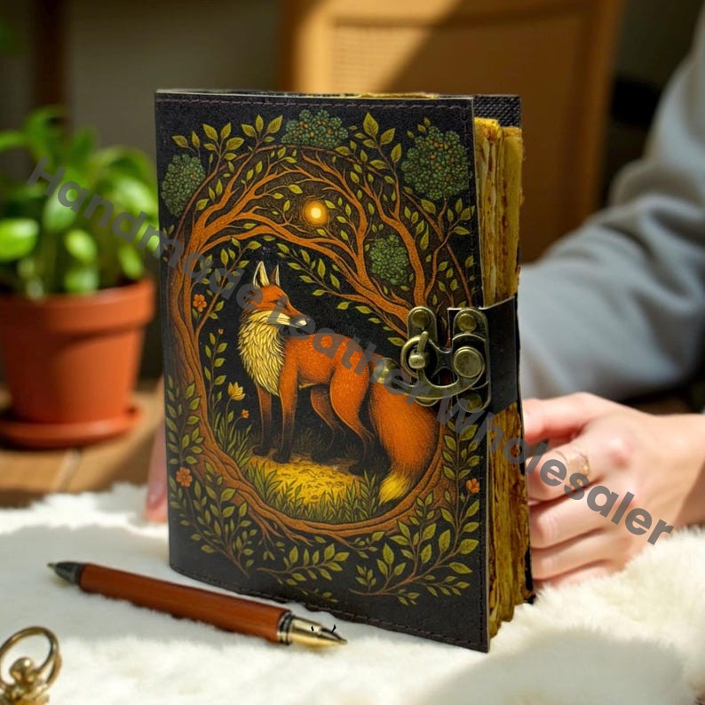 Fox Leather Grimoire – Book of Shadows, Vintage Witchcraft Spellbook, Refillable Wiccan Pagan Gothic Journal, Gift for Him & He