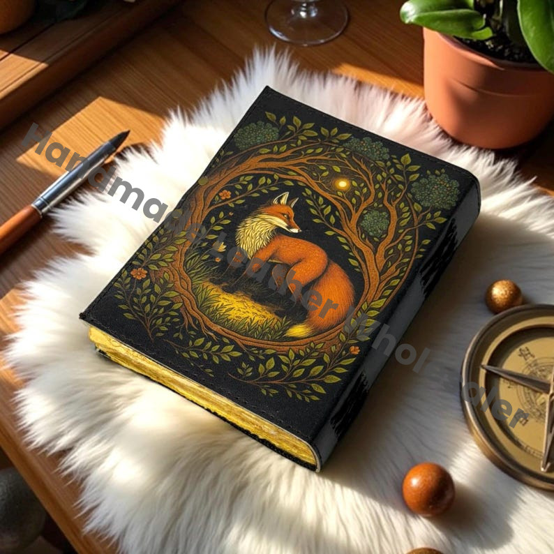 Fox Leather Grimoire – Book of Shadows, Vintage Witchcraft Spellbook, Refillable Wiccan Pagan Gothic Journal, Gift for Him & He
