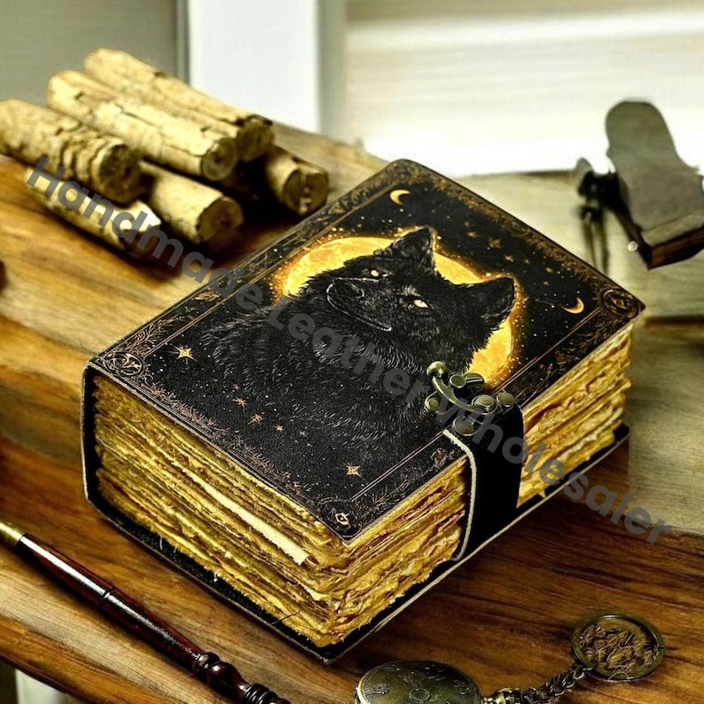 Fox Leather Grimoire | Handmade Spell Book of Shadows, Thick Vintage Deckle Paper Journal, Unique Fox Gift for Him and Her