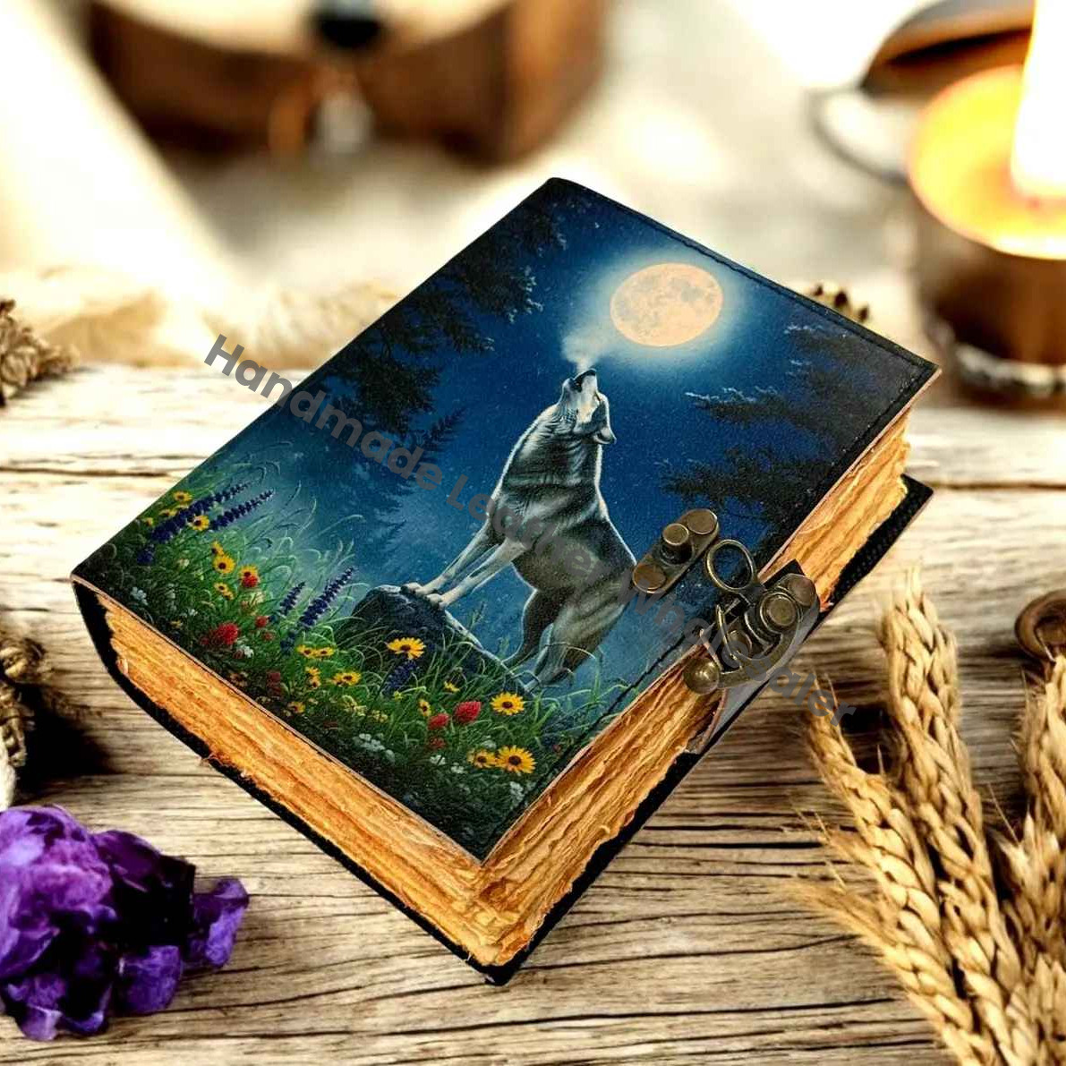 Fox Leather Grimoire | Handmade Spell Book of Shadows, Thick Vintage Deckle Paper Journal, Unique Fox