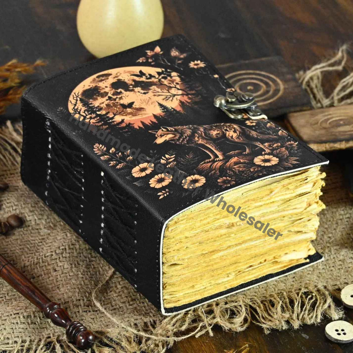 Fox Leather Grimoire Journal – Rustic Book of Shadows, Deckle Edge Paper