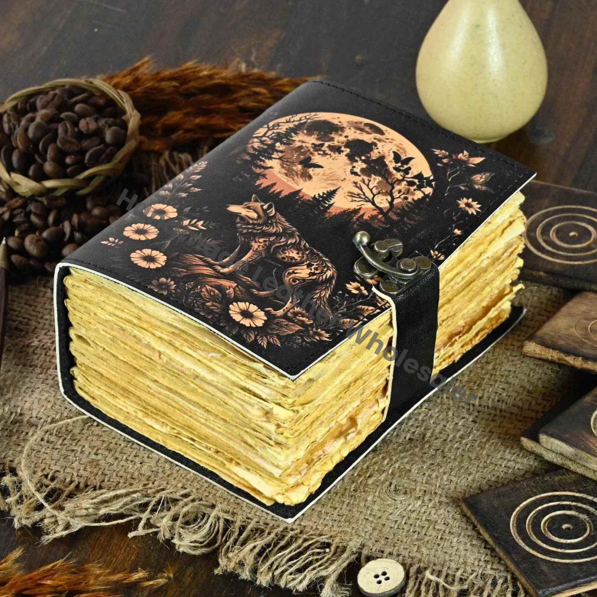 Fox Leather Grimoire Journal – Rustic Book of Shadows, Deckle Edge Paper