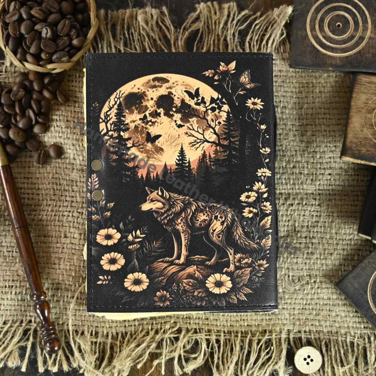 Fox Leather Grimoire Journal – Rustic Book of Shadows, Deckle Edge Paper