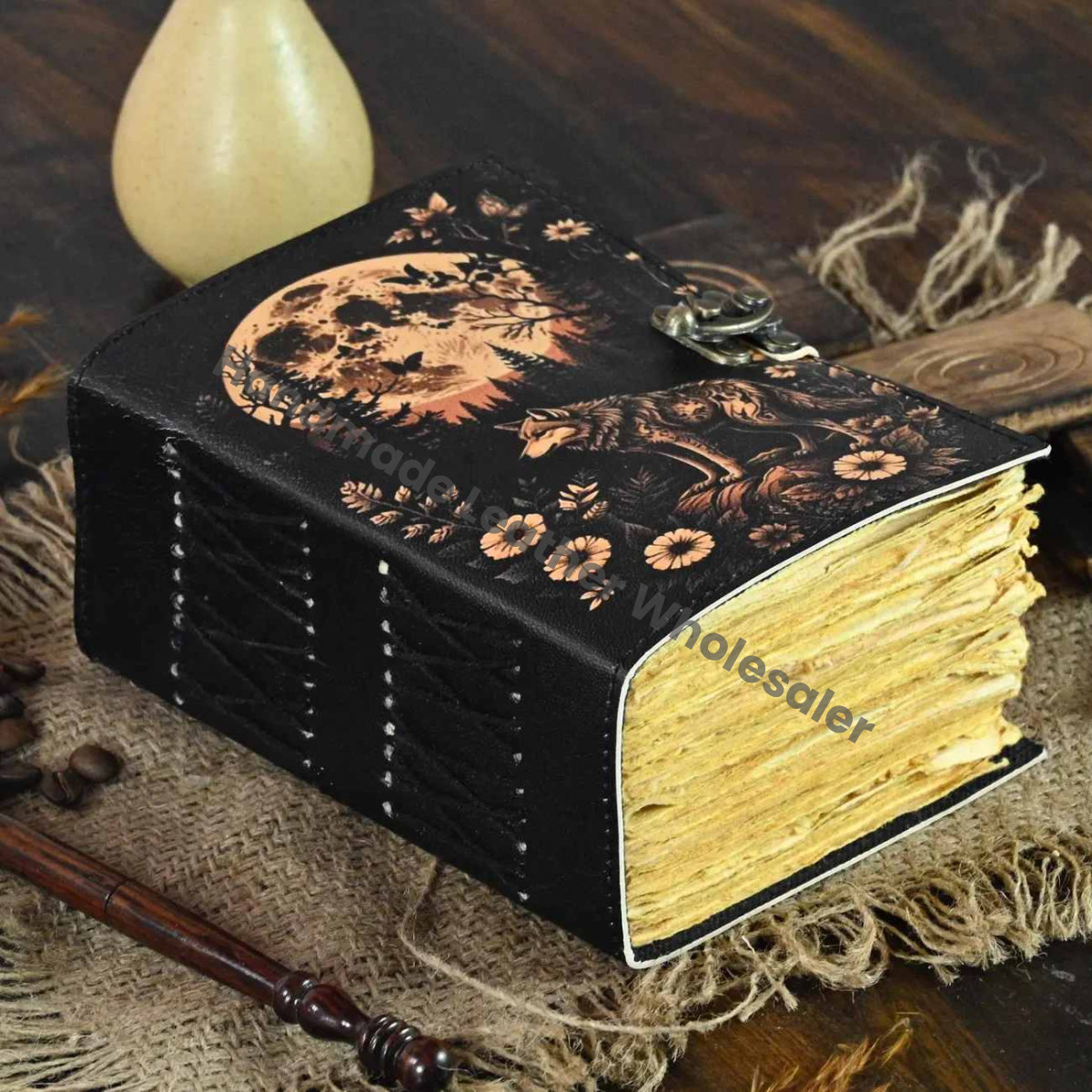 Fox Leather Grimoire Journal – Rustic Book of Shadows, Deckle Edge Paper