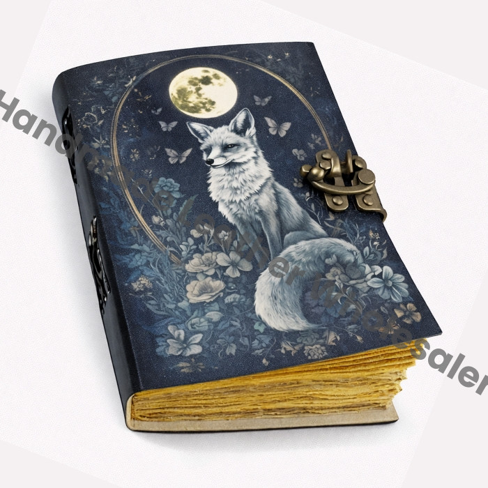 Fox Leather Journal Blank Spell book of shadows Fat journal - Handmade paper Vintage Journal for women.