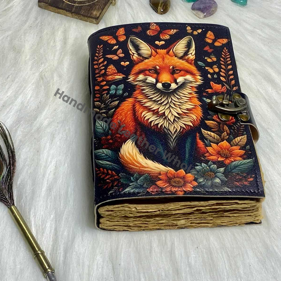 Fox Leather Journal: Handmade Grimoire Book of Shadows with Deckle Edge Paper