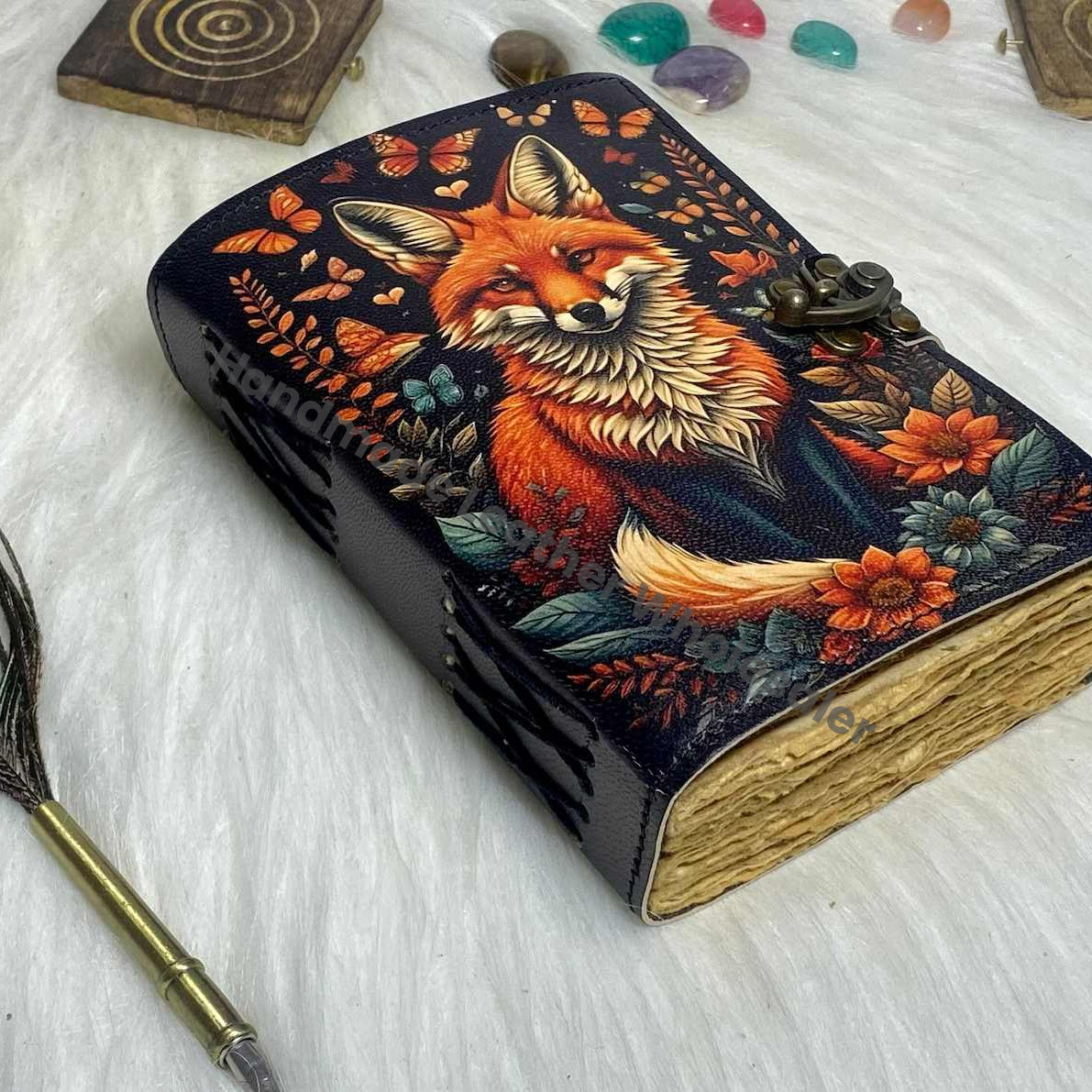 Fox Leather Journal: Handmade Grimoire Book of Shadows with Deckle Edge Paper