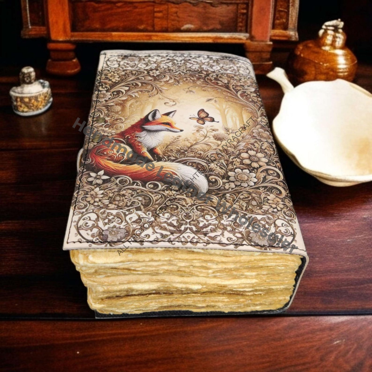 Fox Leather Journal: Vintage Grimoire, Blank Book of Shadows Personalized Witchcraft Spellbook, Wiccan Pagan Gothic Diary