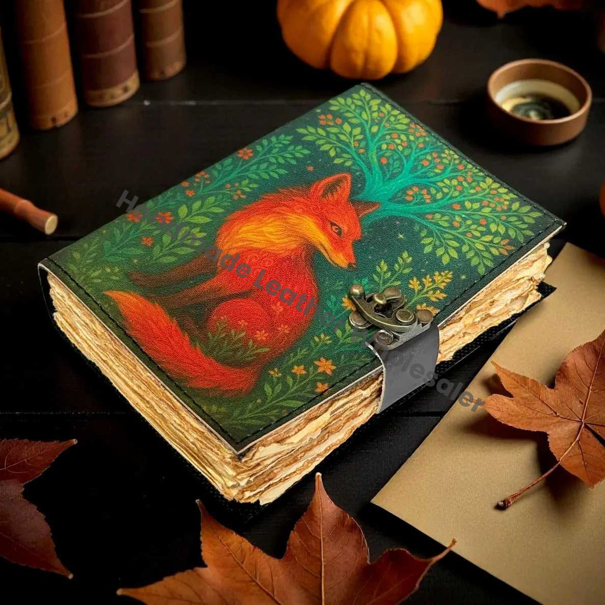 Fox Leather Journal | Woodland Grimoire Spellbook | Wiccan Pagan Diary | Gothic Witchcraft Notebook | Handmade Forest Witch Fox Journal