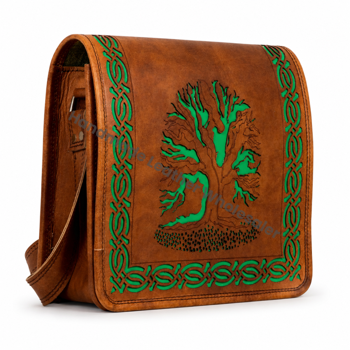 Genuine Goat Leather Woman Cut Work Tree of Life Design Shoulder & Unisex Distressed Laptop Shoulder Cut Work Bag Unbreakable