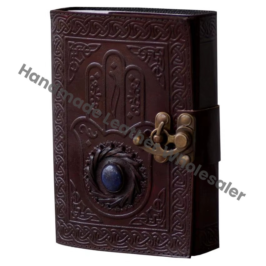 Genuine Leather Handmade Embossed New Design Hamsa Hand Stone Hardcover Water Color Journal Notebook Sketchbook Eco-friendly