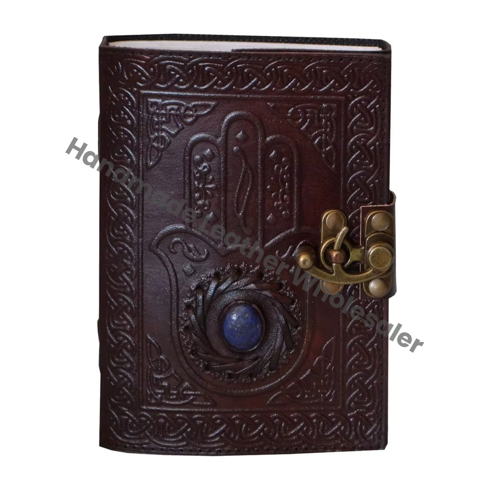 Genuine Leather Handmade Embossed New Design Hamsa Hand Stone Hardcover Water Color Journal Notebook Sketchbook Eco-friendly