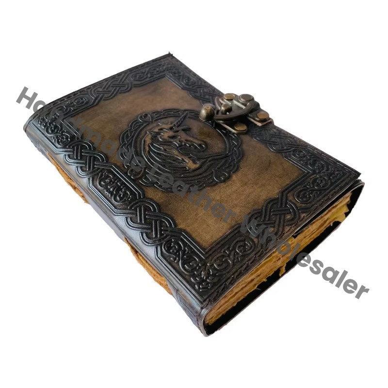 Genuine Leather Vintage Handmade Lock Closure Deckle Edge papers Antique Unicorn Notebook Journal Wiccan Planner Travel Diary