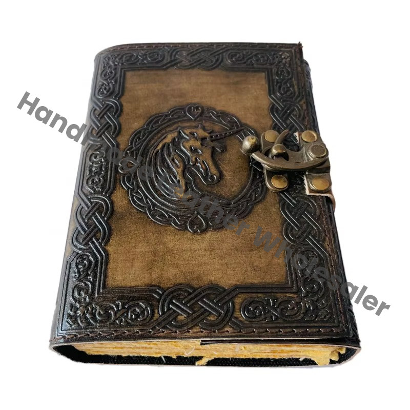 Genuine Leather Vintage Handmade Lock Closure Deckle Edge papers Antique Unicorn Notebook Journal Wiccan Planner Travel Diary