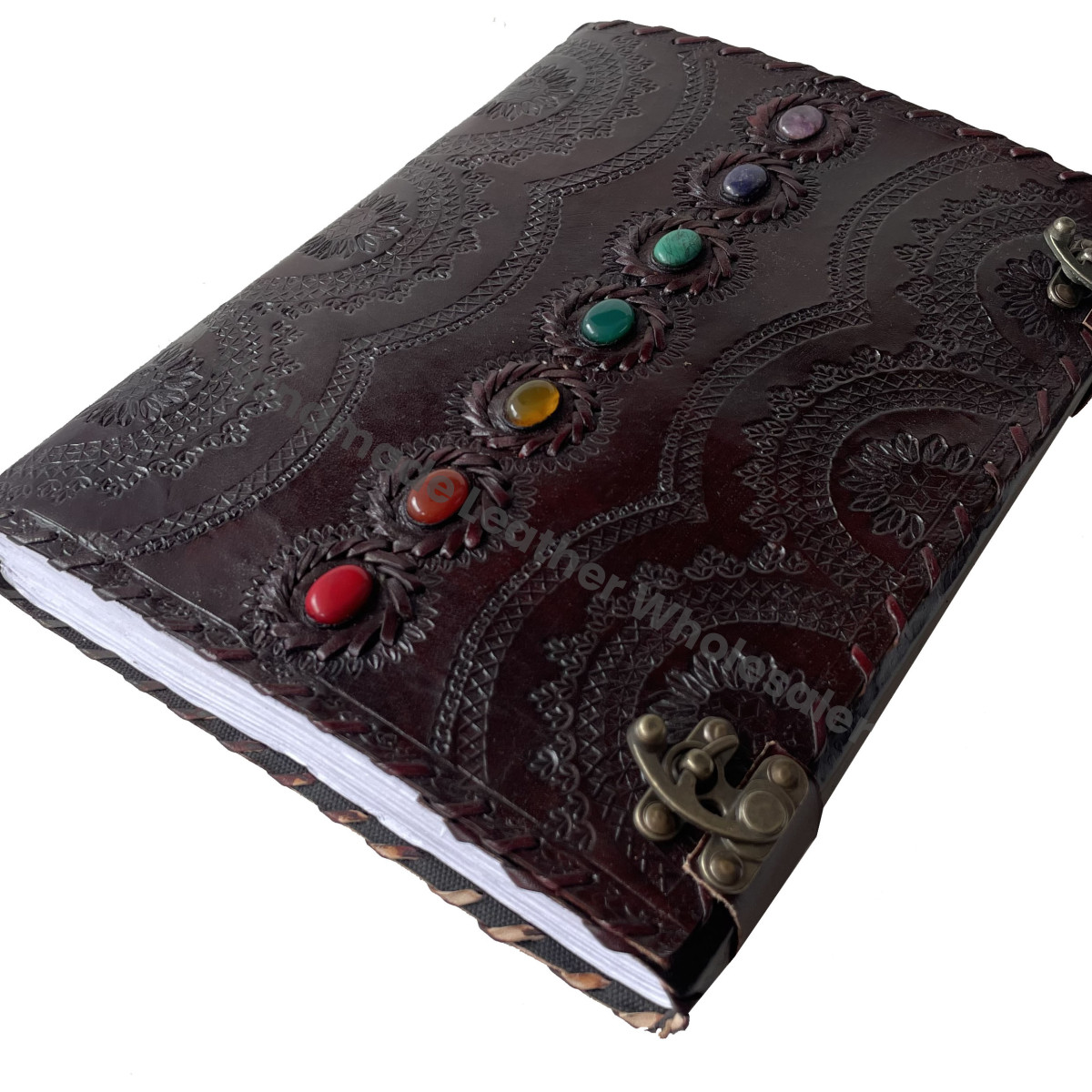 Gift Brown Leather Journal Seven Chakra Medieval Stone Embossed Handmade Thermal Binding Office Diary Collage Sketchbook