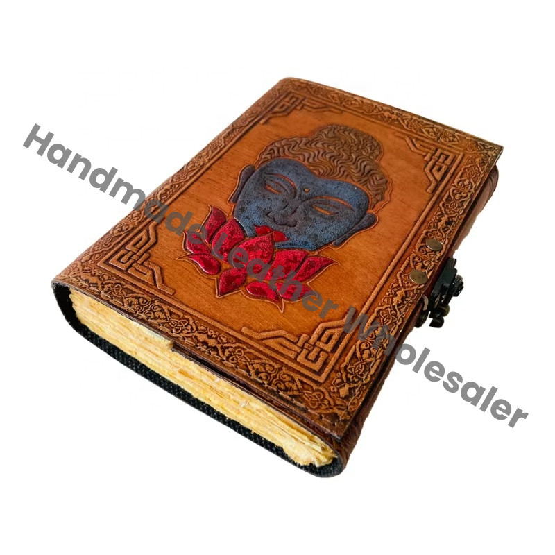 Goddess Buddha Celtic Embossed Leather Hardcover Journal Thermal Binding Custom Logo Genuine Deckle Paper Antique Colorful Gift