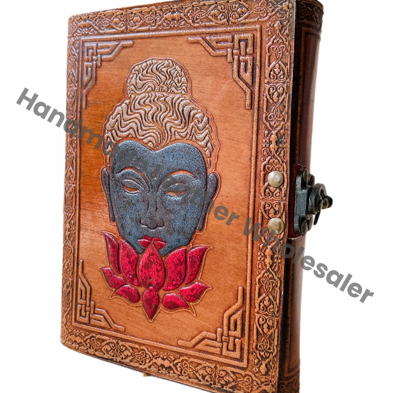 Goddess Buddha Celtic Embossed Leather Hardcover Journal Thermal Binding Custom Logo Genuine Deckle Paper Antique Colorful Gift
