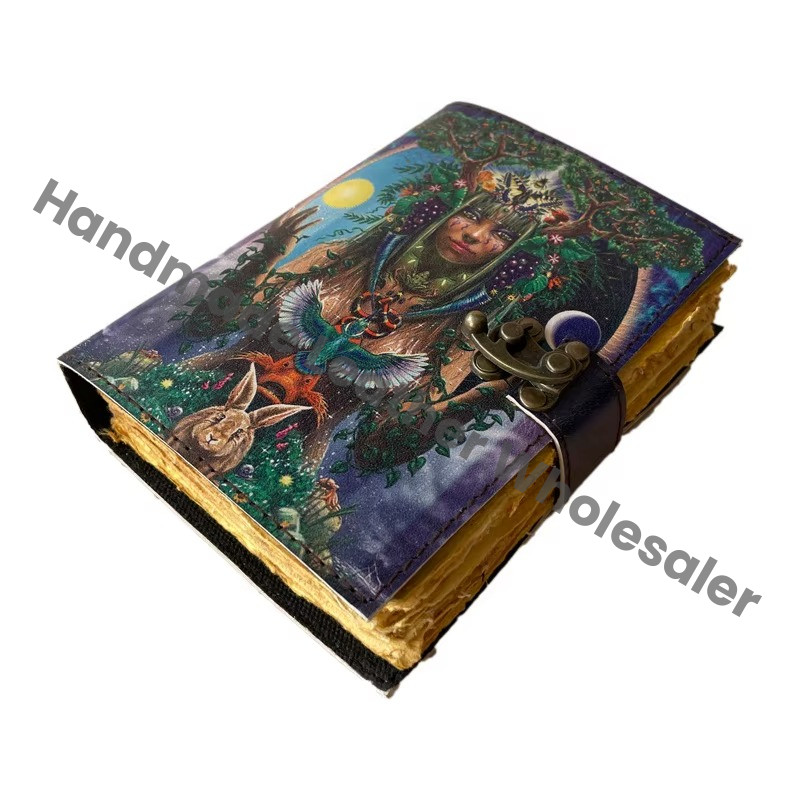Goddess Forest Women Handmade Hard Leather Cover Eco-friendly Paper Retro Collage Poster Design Vintage Journal Gift