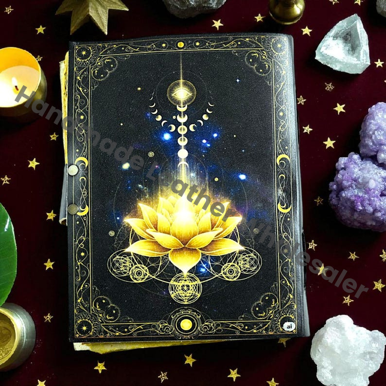 Golden Lotus Leather Journal: Handmade Book of Shadows, Witchy Grimoire