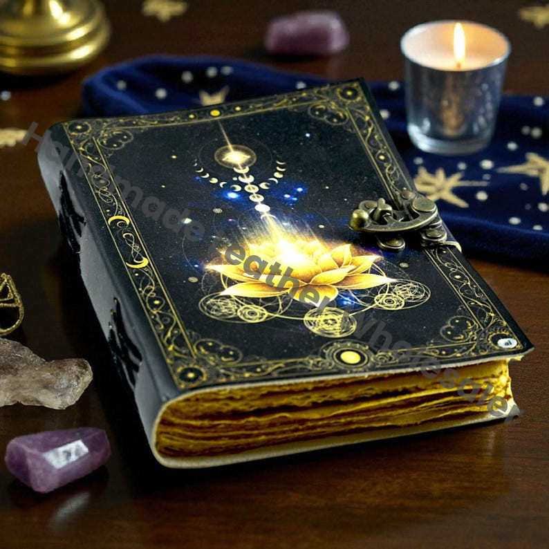 Golden Lotus Leather Journal: Handmade Book of Shadows, Witchy Grimoire