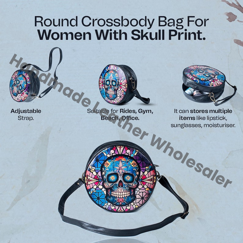 Goth Witchy Stylish Skull Satchel,crossbody purse Round Messenger Bag Cottagecore Gothic Bag, Leather Wiccan Gothic bag hippies boho gift