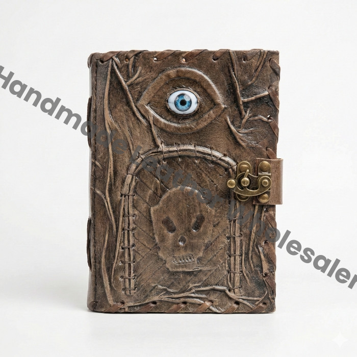 Gothic Faux Leather Spell book Journal | Skull & Eye Grimoire with Lock