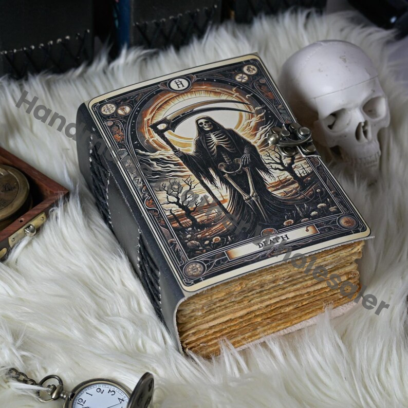 Gothic Leather Grimoire – Death Tarot Journal with Deckle Edge Pages