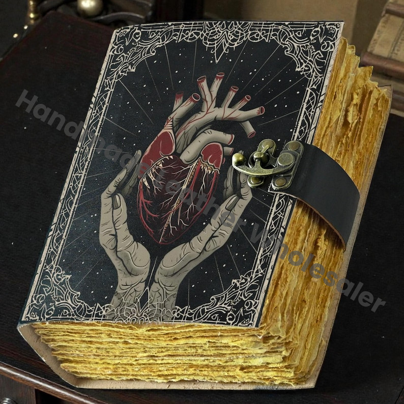 Gothic Leather Journal Anatomical Heart with Lock: Witchy Floral Notebook