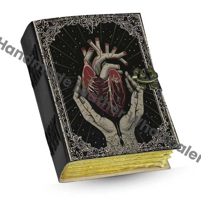Gothic Leather Journal Anatomical Heart with Lock: Witchy Floral Notebook