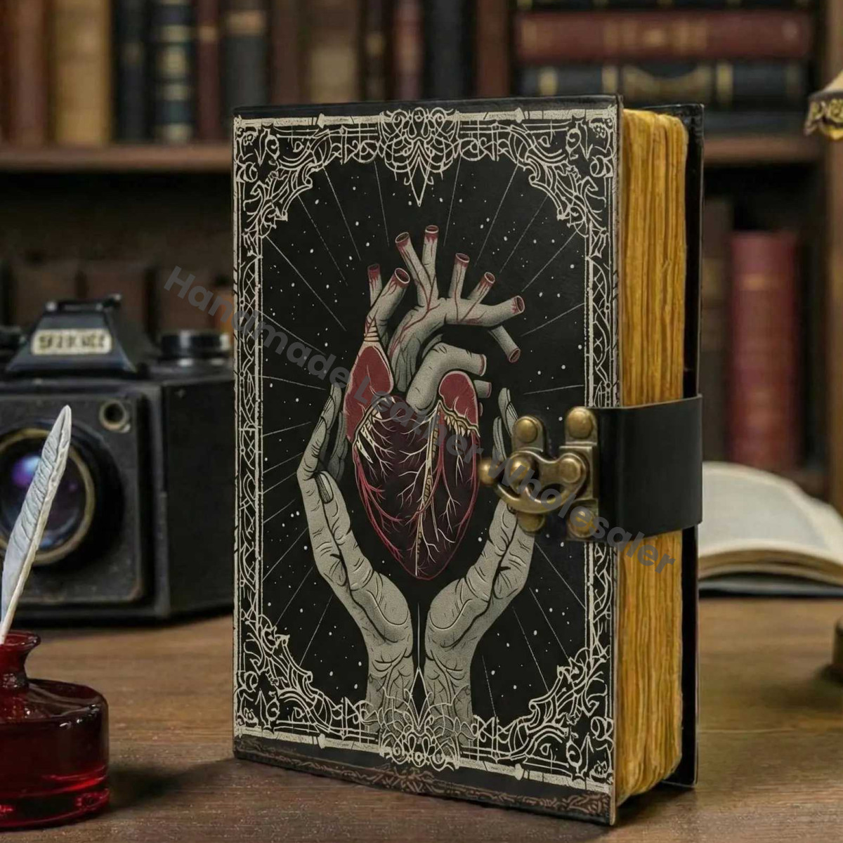 Gothic Leather Journal Handmade Grimoire Spellbook with Anatomical Heart Design Witchcraft Notebook Occult Tarot Diary Gift
