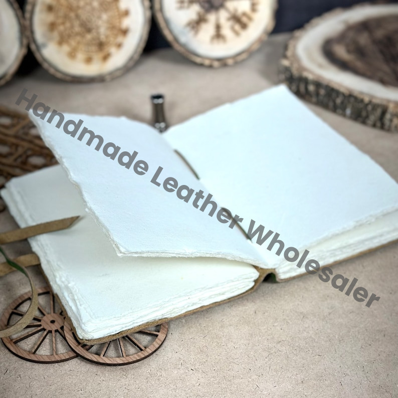 Green Floral Embossed Leather Journal: Handmade Deckle Edge Paper