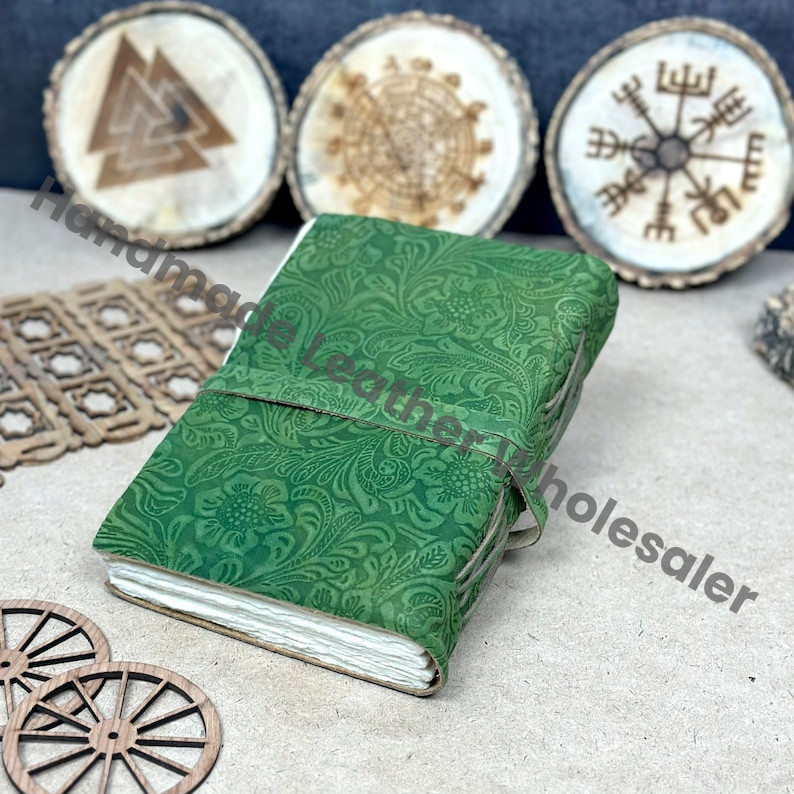 Green Floral Embossed Leather Journal: Handmade Deckle Edge Paper