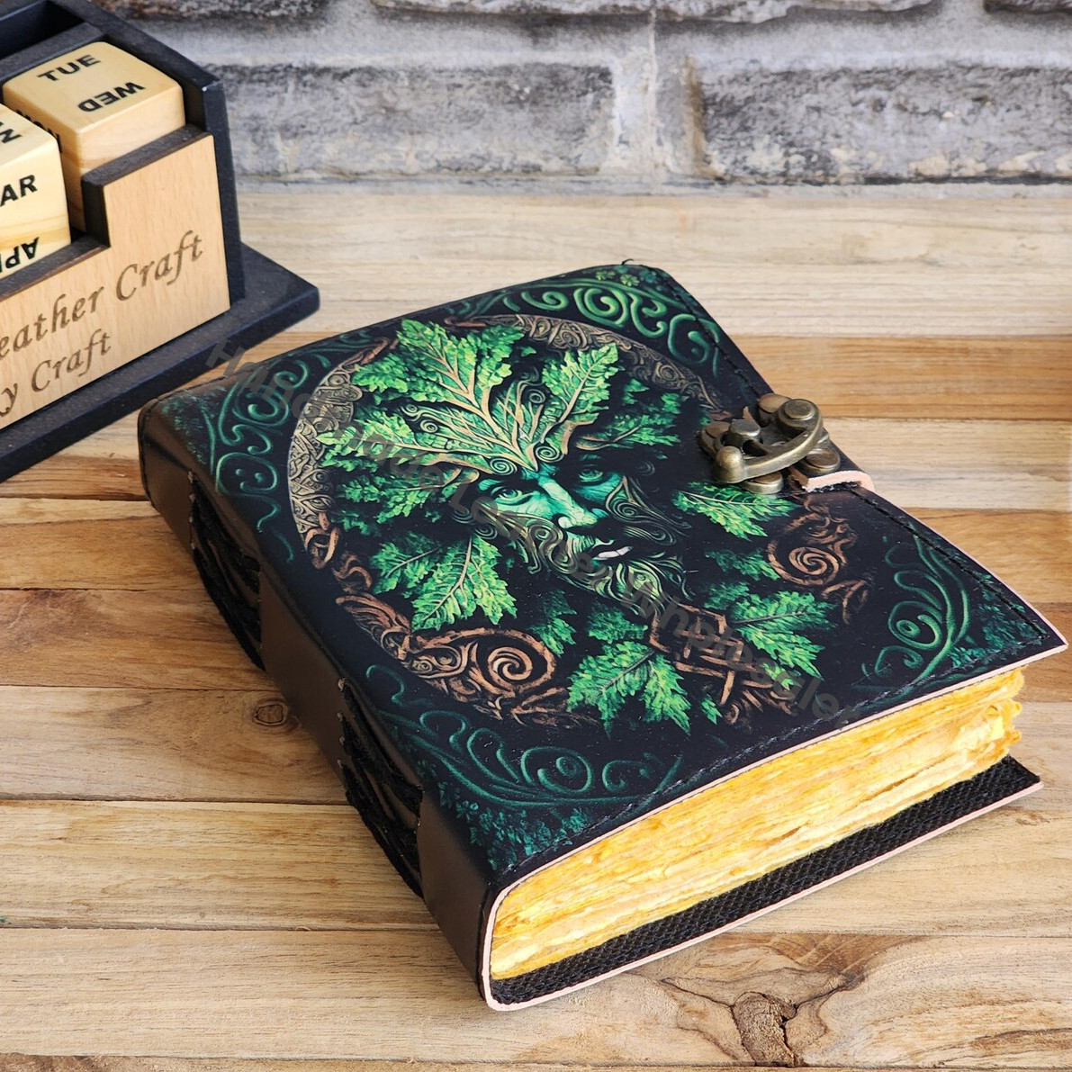 Green Man Leather Journal, Embossed Grimoire Notebook, Book of Shadows