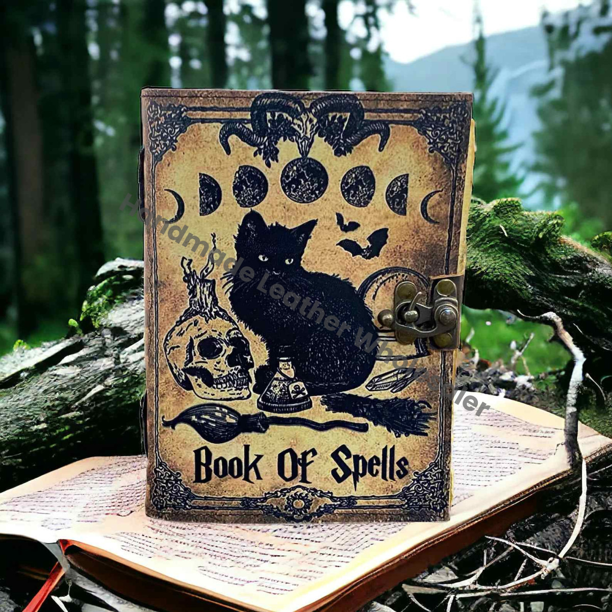 Grimoire Cat Leather journal: Blank Spell Book of Shadows, Witchcrafts Gothic Book