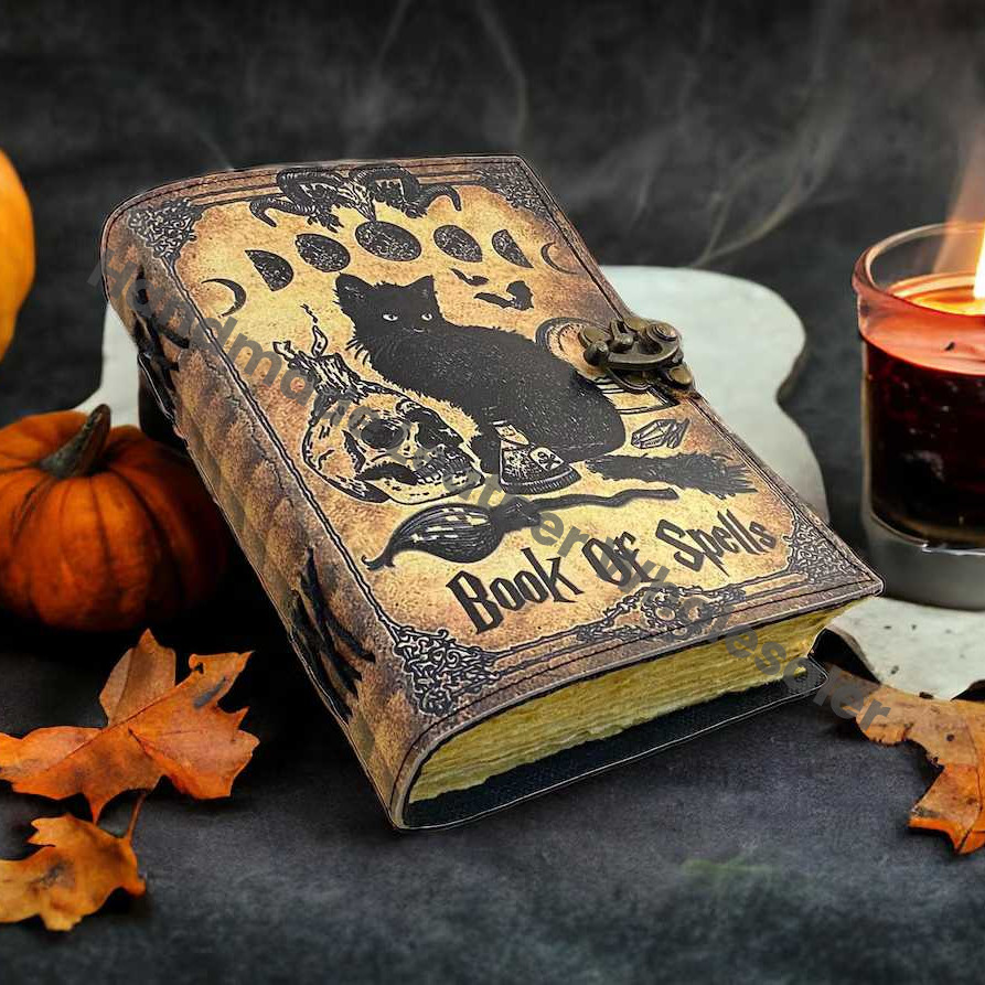Grimoire Cat Leather journal: Blank Spell Book of Shadows, Witchcrafts Gothic Book