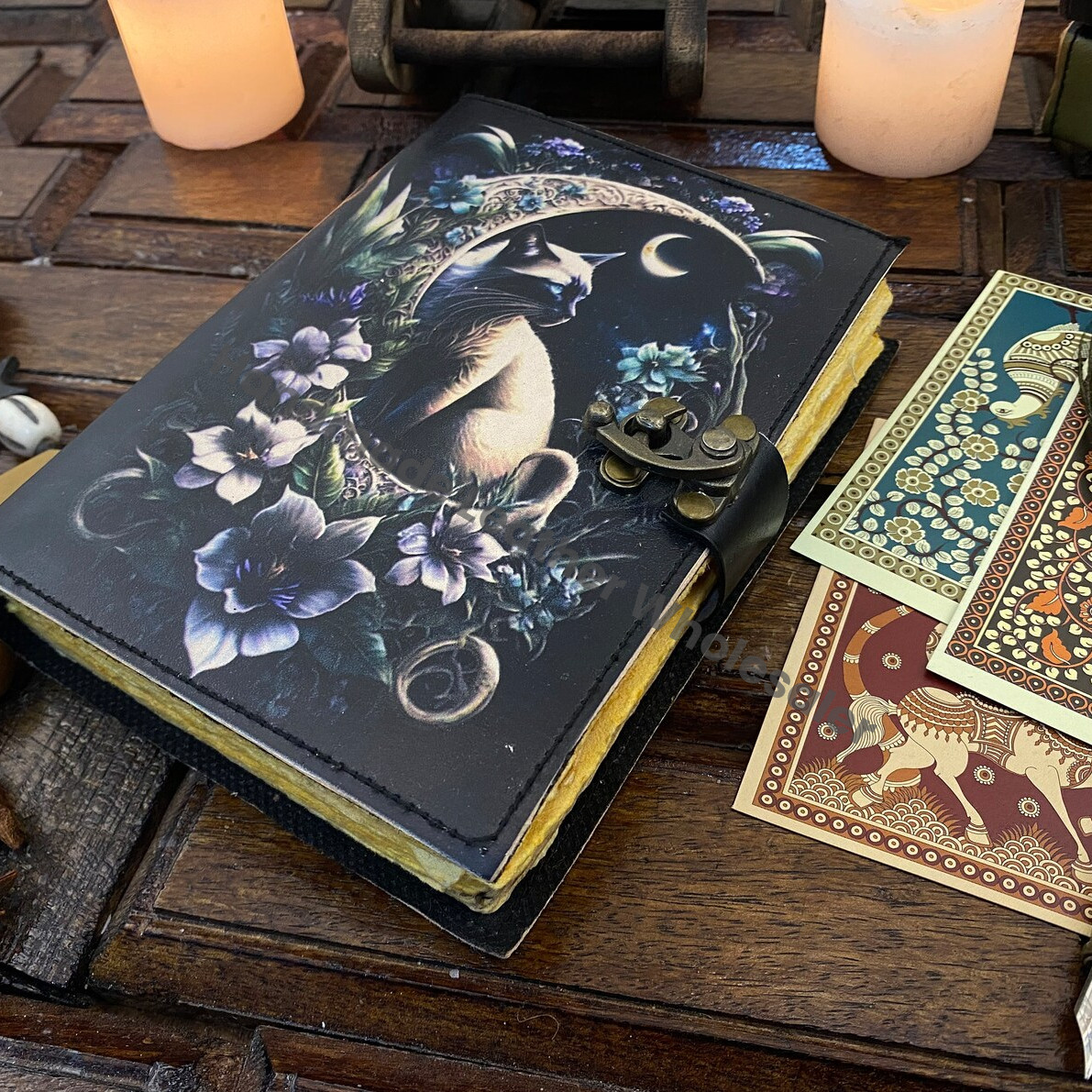 Grimoire Cat Leather Journal -Notebook Sketchbook - Book of shadow - Witch Wiccan Journal -Handmade Deckle Edge Paper