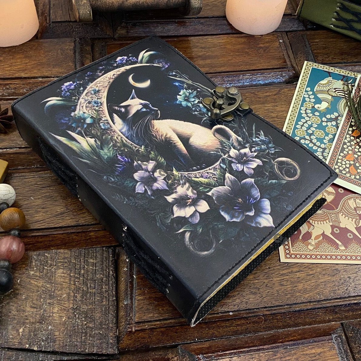 Grimoire Cat Leather Journal -Notebook Sketchbook - Book of shadow - Witch Wiccan Journal -Handmade Deckle Edge Paper