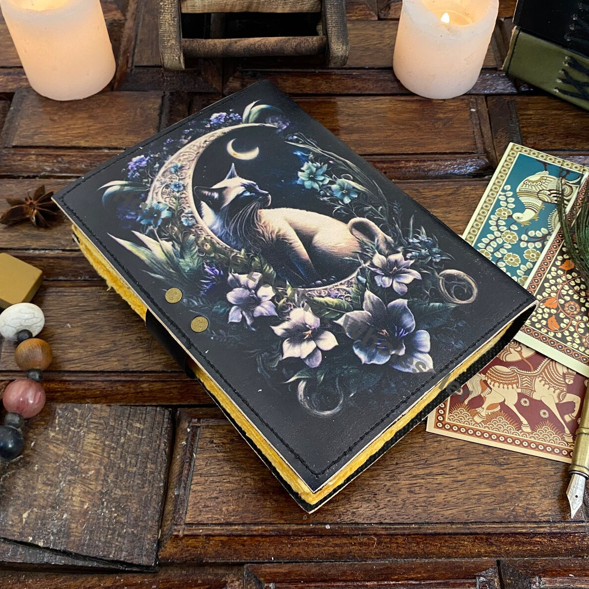Grimoire Cat Leather Journal -Notebook Sketchbook - Book of shadow - Witch Wiccan Journal -Handmade Deckle Edge Paper