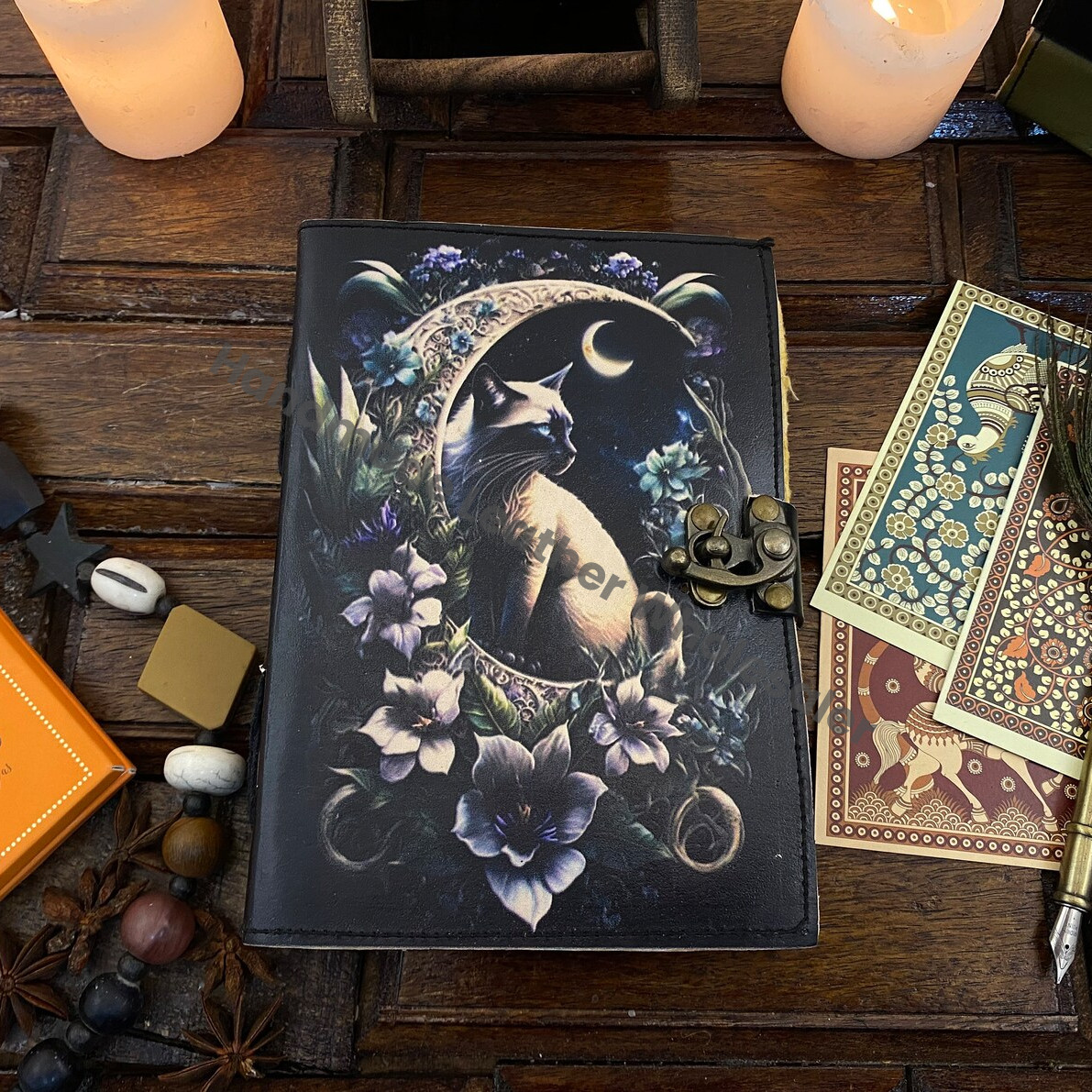 Grimoire Cat Leather Journal -Notebook Sketchbook - Book of shadow - Witch Wiccan Journal -Handmade Deckle Edge Paper