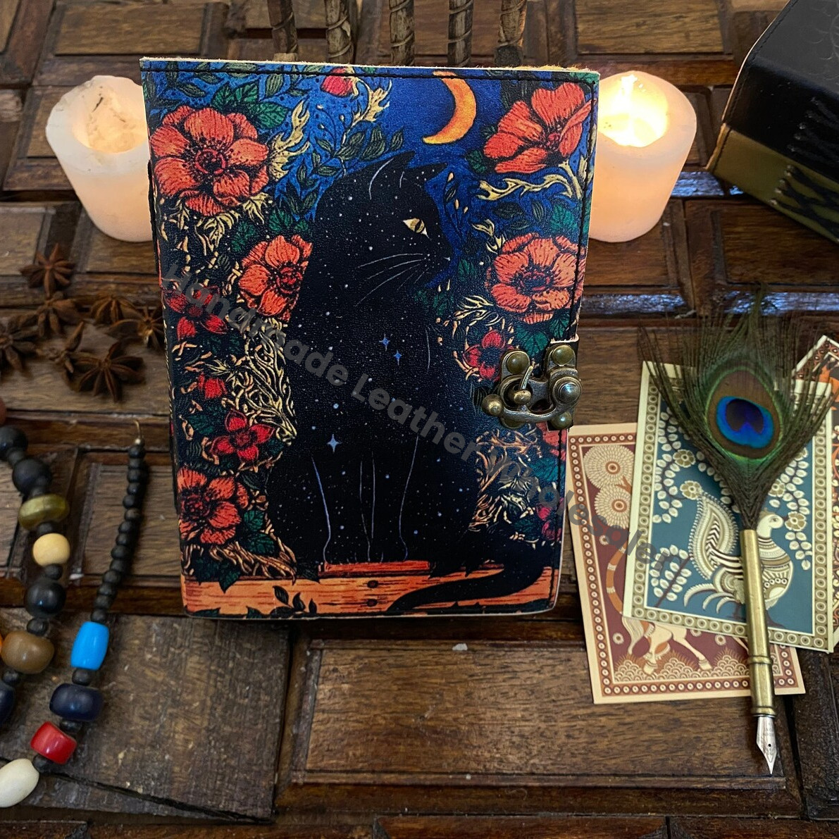 Grimoire Celtic Cat Book of shadow Leather Journal Spell Book - Witch Wiccan Notebook Sketchbook Journal