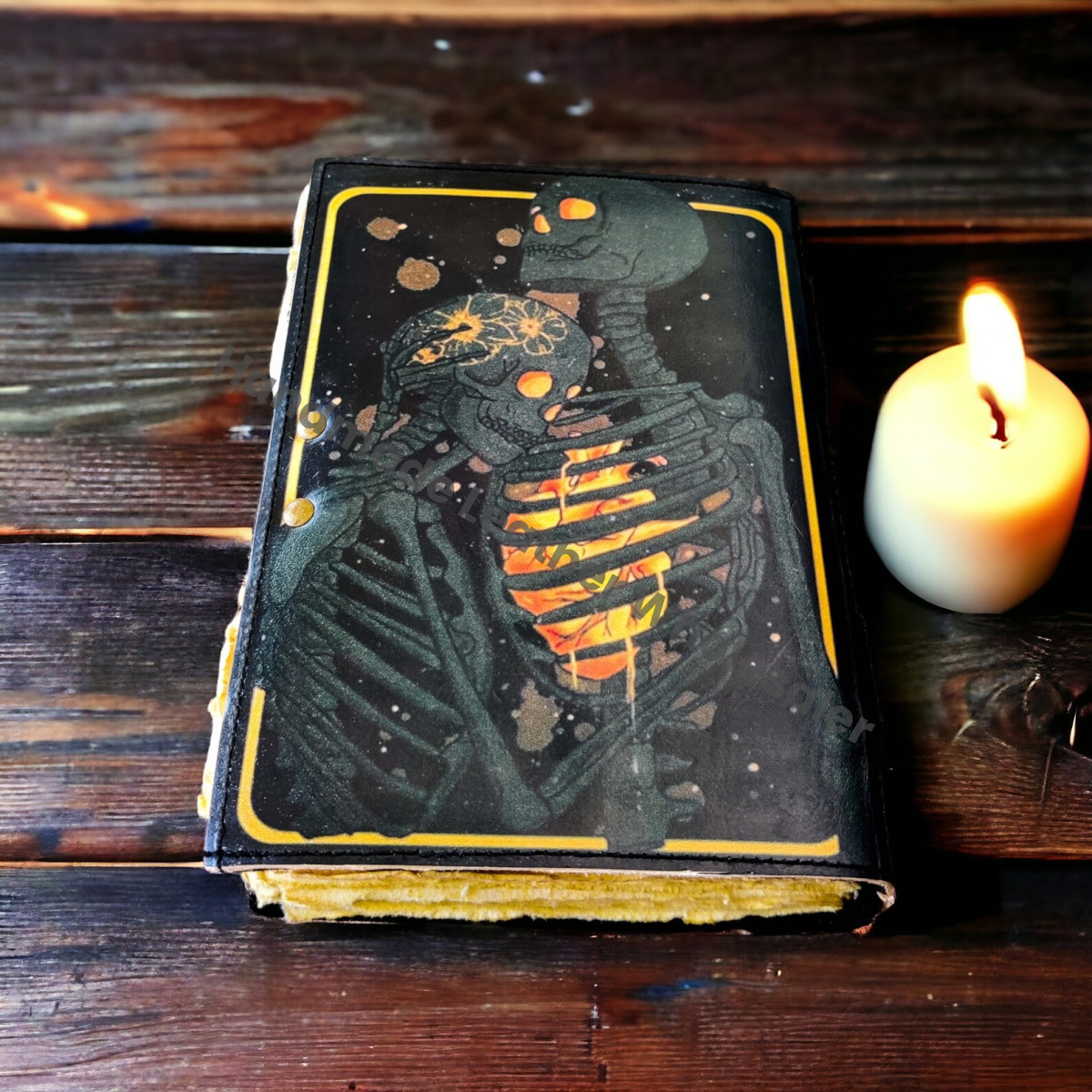 Grimoire Journal: The Lovers Tarot, Gothic Skull, Antique Leather Book of Shadows
