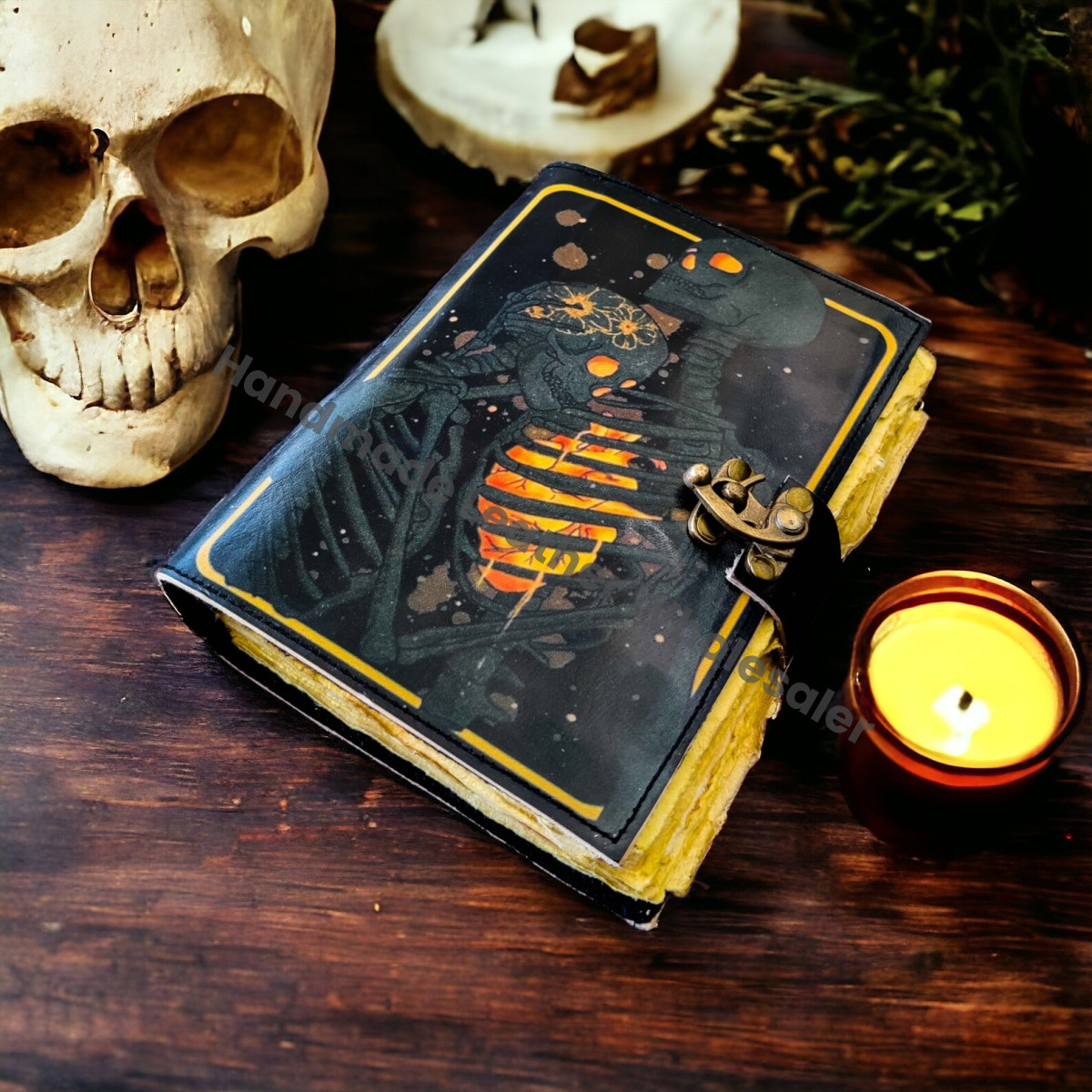Grimoire Journal: The Lovers Tarot, Gothic Skull, Antique Leather Book of Shadows