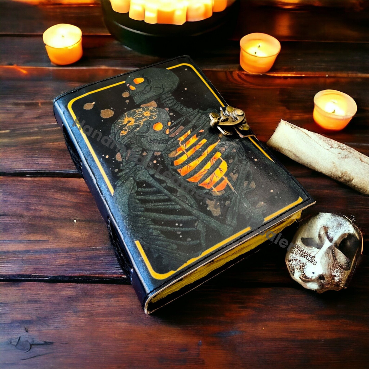 Grimoire Journal: The Lovers Tarot, Gothic Skull, Antique Leather Book of Shadows